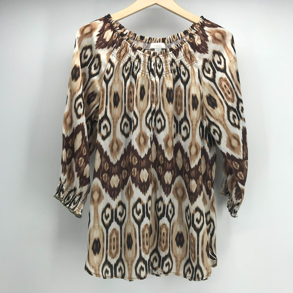 Chicos Top Womens Medium Satin Brown Ikat Print Snap Quarter Button 3/4 Balloon - Picture 1 of 9